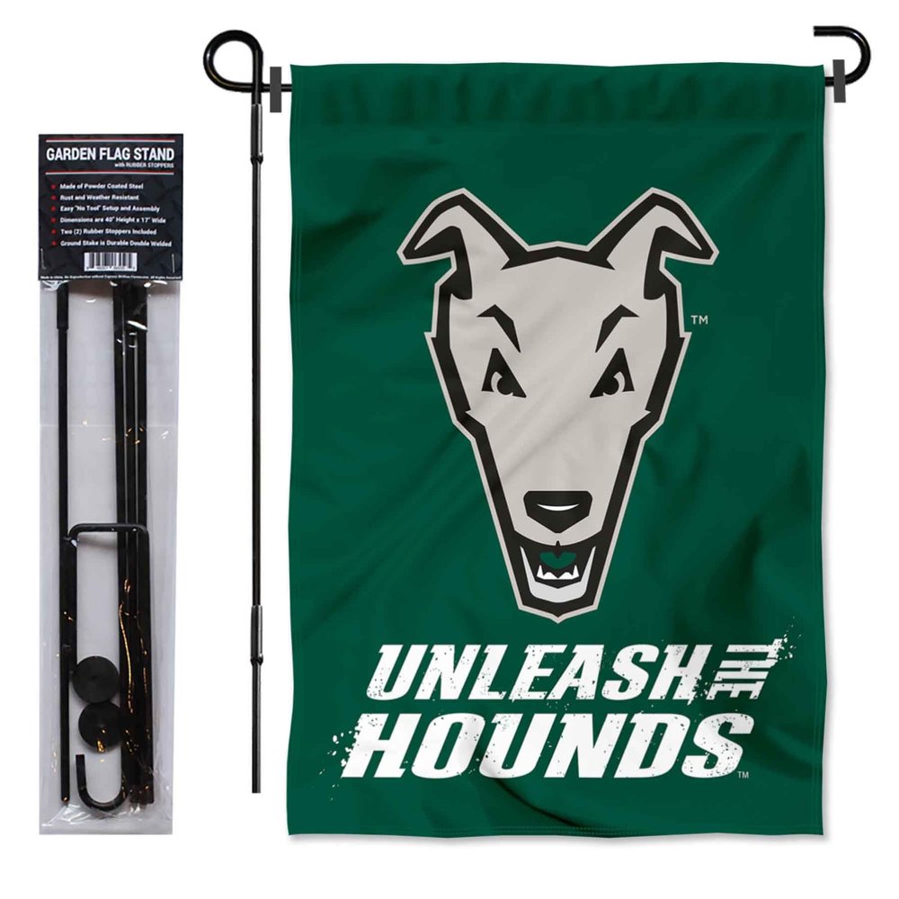 College Flags & Banners Co. Loyola Maryland Greyhounds Unleash The Hounds Garden Flag and Flag Stand Pole Holder Set