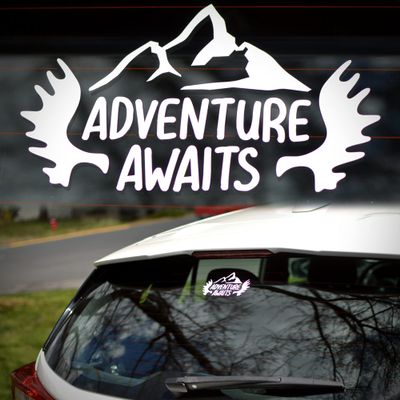 Adventure Awaits Mountain and Moose Decal | White Die Cut 5.5"x3.3" Inch Vinyl Sticker Decal | Hiking Nature Graphic for Car, Truck, Camper Trailer