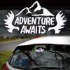 Adventure Awaits Mountain and Moose Decal | White Die Cut 5.5"x3.3" Inch Vinyl Sticker Decal | Hiking Nature Graphic for Car, Truck, Camper Trailer view 1