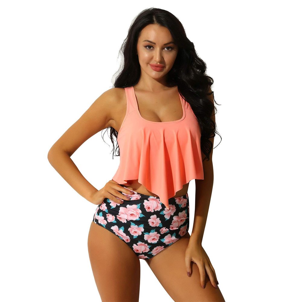winying Women's Two Piece Swimsuits Flounce Bikini Tummy Control High Waisted Boyshorts Bathing Suit Black&Pink XL