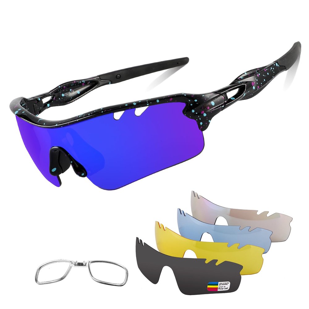 BangLong Polarized Sports Sunglasses Cycling Sun Glasses for Men Women with 5 Interchangeable Lenes for Running Baseball Golf