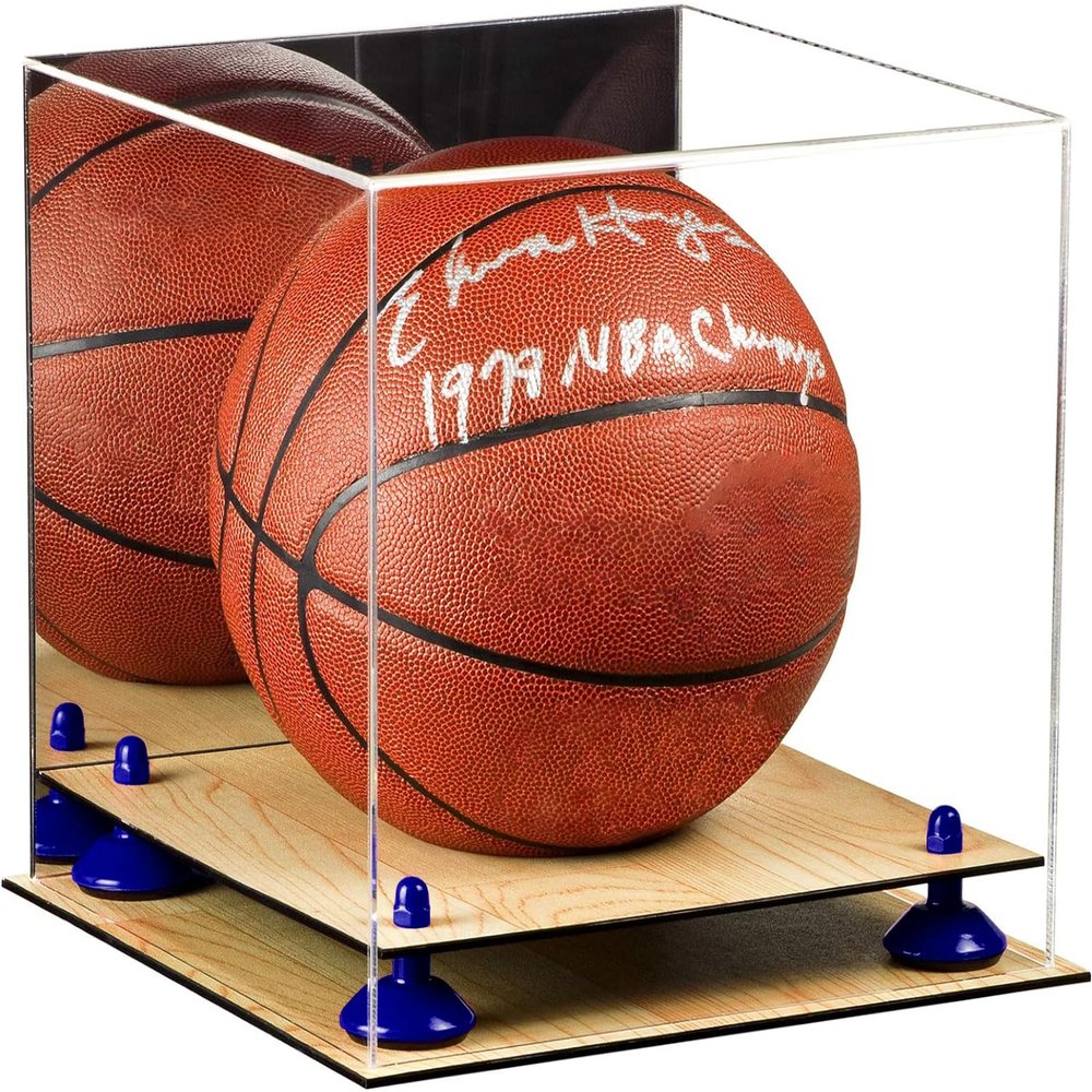 Better Display Cases Basketball Holder Clear Full Size Acrylic Display Case with Navy Blue Risers ,Wood Two Tiered Base ,Mirror back11 L x 11" W x 11" H (B01/A001)