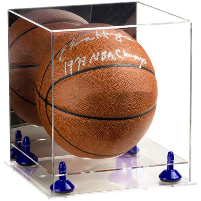 Better Display Cases Basketball Holder Clear Full Size Acrylic Display Case with Navy Blue Risers ,Clear Two Tiered Base ,Mirror back11 L x 11" W x 11" H (B01/A001)