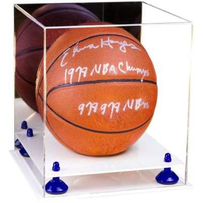 Better Display Cases Acrylic Full Size Basketball Display Case with Mirror, Navy Blue Risers and White Base (B01/A001)