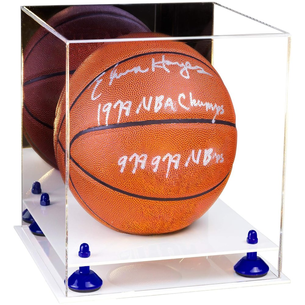 Better Display Cases Acrylic Full Size Basketball Display Case with Mirror, Navy Blue Risers and White Base (B01/A001)