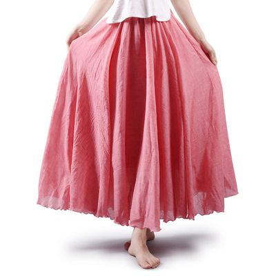 ASHER FASHION Women's Bohemian Style Elastic Waist Band Cotton Linen Long Maxi Skirt Dress (85CM,Light Red)