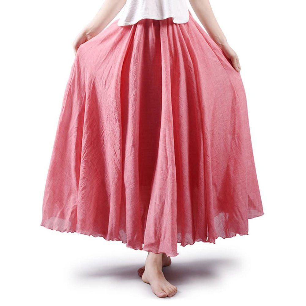 ASHER FASHION Women's Bohemian Style Elastic Waist Band Cotton Linen Long Maxi Skirt Dress (85CM,Light Red)