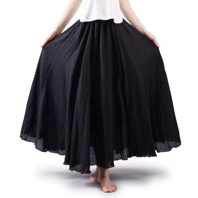 ASHER FASHION Women's Bohemian Style Elastic Waist Band Cotton Linen Long Maxi Skirt Dress (85CM, Black)