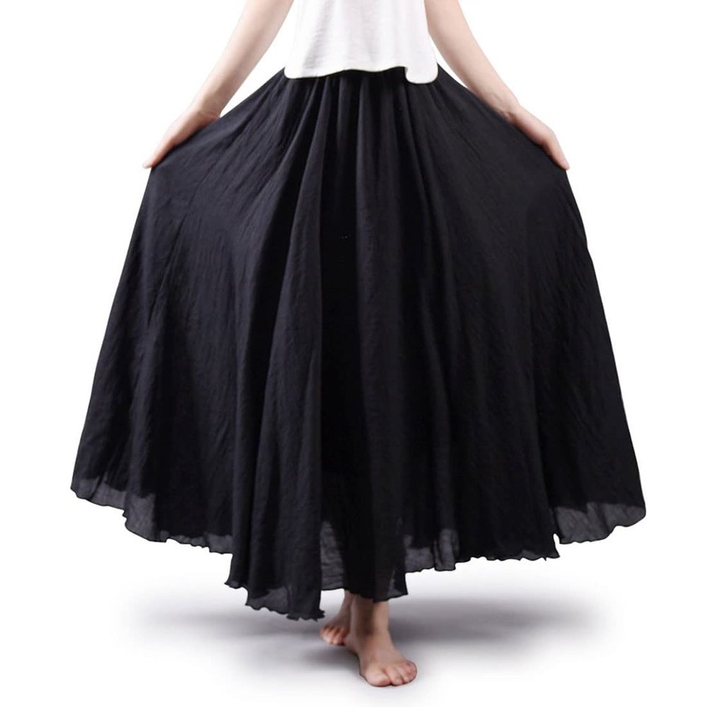ASHER FASHION Women's Bohemian Style Elastic Waist Band Cotton Linen Long Maxi Skirt Dress (85CM, Black)