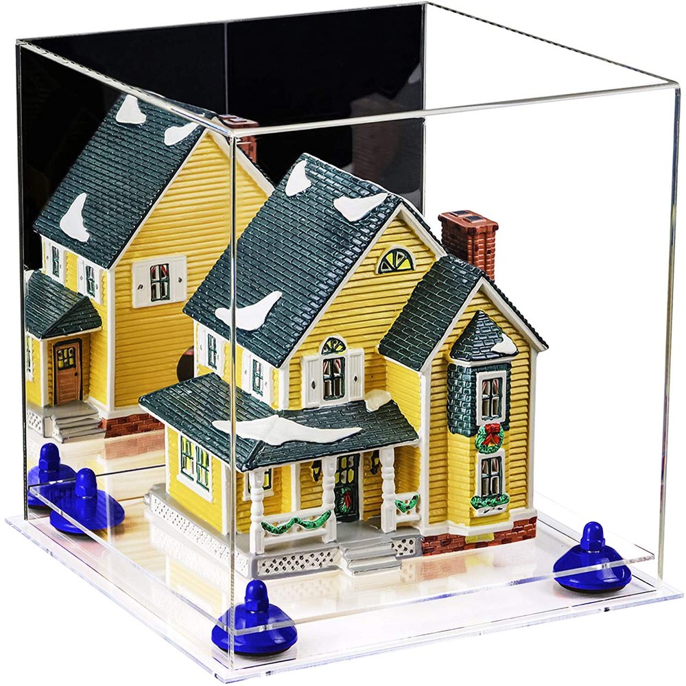 Better Display Cases Versatile Acrylic Display Case - Medium Square Box with Mirror, Dark Blue Risers and Clear Base 11" x 11" x 11" (V01/A001)