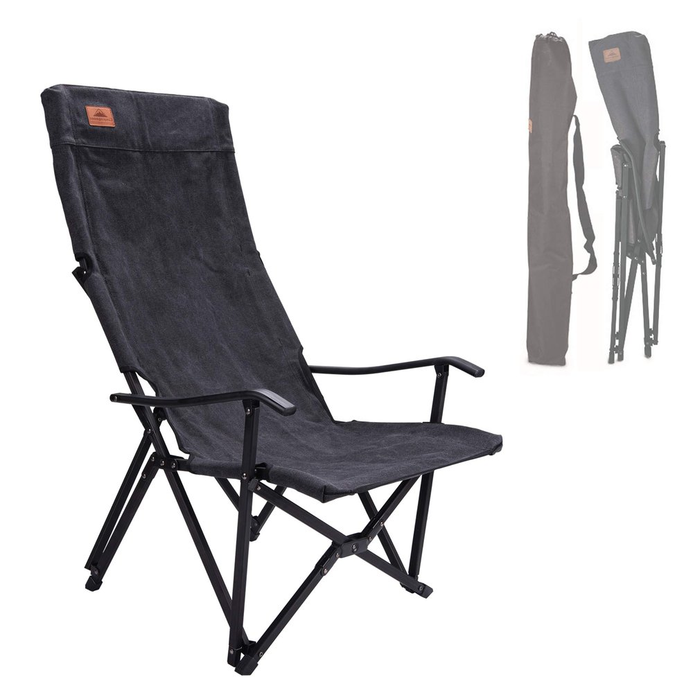 CAMPINGMOON Foldable Cotton Canvas Camping Chair Campfire High Back Low Style Relaxing Chair Black F-1002C-BK