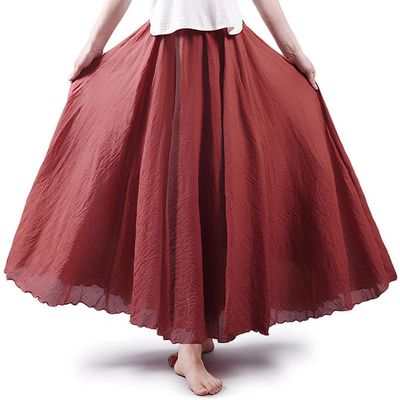 ASHER FASHION Women's Bohemian Style Elastic Waist Band Cotton Linen Long Maxi Skirt Dress (85CM, Rust Red)