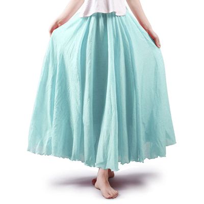 ASHER FASHION Women's Bohemian Style Elastic Waist Band Cotton Linen Long Maxi Skirt Dress (85CM, Water Blue)