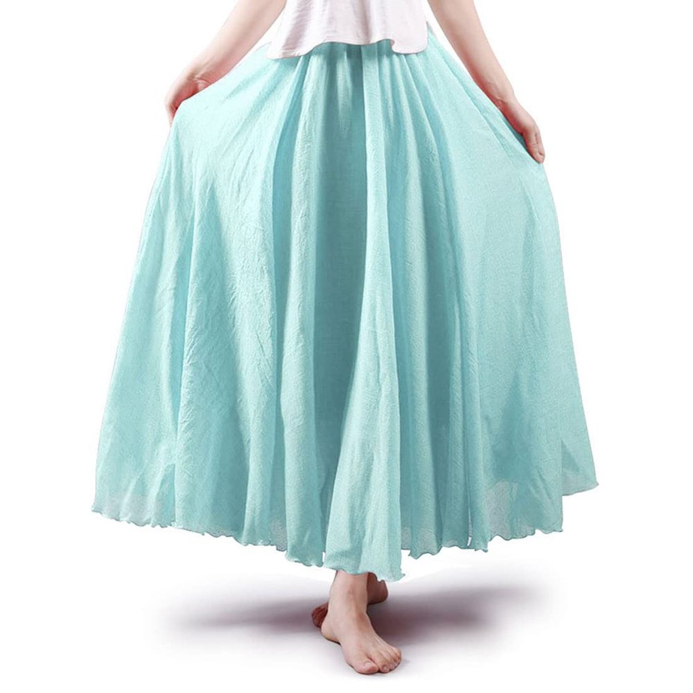 ASHER FASHION Women's Bohemian Style Elastic Waist Band Cotton Linen Long Maxi Skirt Dress (85CM, Water Blue)
