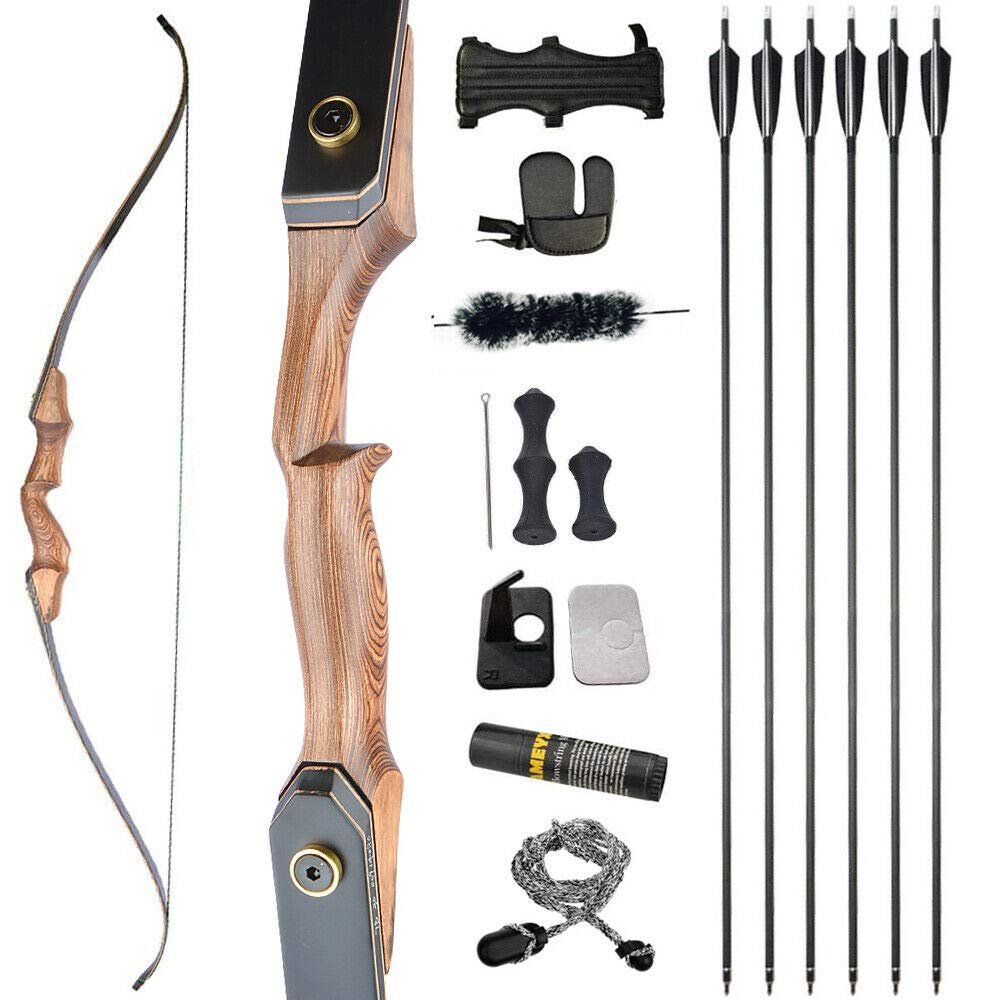 60" Takedown Recurve Bow Kit 20-60lbs Wooden Riser Bow Traditional Longbow with Carbon Arrows Archery Hunting (Bow Set, 45 Lbs)