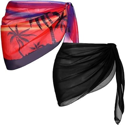 Ekouaer 2 Pieces Women Beach Sarongs Sheer Cover Ups Chiffon Bikini Wrap Skirt for Swimwear,Black/Red Background Black Coconut Tree,Small