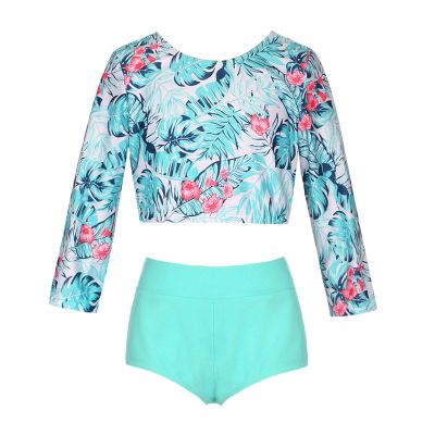 Kaerm Kids Girls Floral Printed Two Piece Tankini Set Rash Guard Crop Top Bottom Sporty Swimwear Swimsuit Green Palm Leaf 4