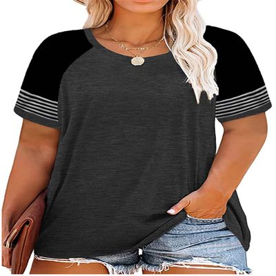 CARCOS Womens Color Block Plus Size Shirts 5X Short Sleeve Tops Crewneck Summer Tee Casual Raglan Tunics Loose Fit Blouses Dark Grey 5XL 26W 28W