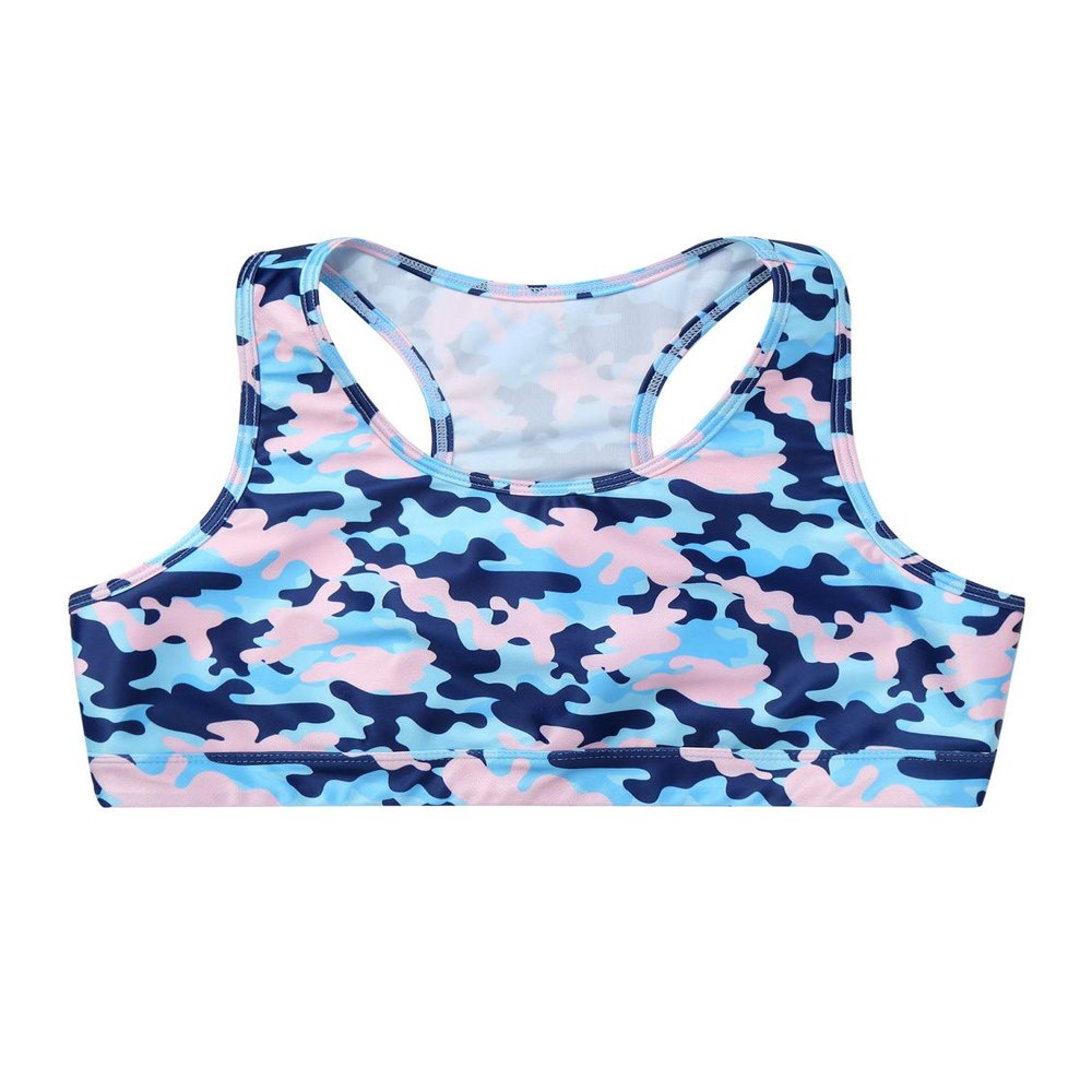 Moily Little Big Girls Digital Printed Racer Cutout Back Crop Top Gymnastics Dance Workout Sports Bra Camouflage Blue 6