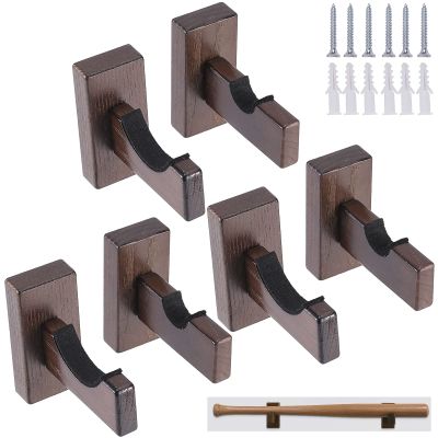 HAKZEON 6 PCS Baseball Bat Display Case Holder, Solid Wood Rack Brackets Baseball Bat Hanger Wall Mount with 9 Protective Plugs and 9 Hidden Screws for Horizontal Display, Brown