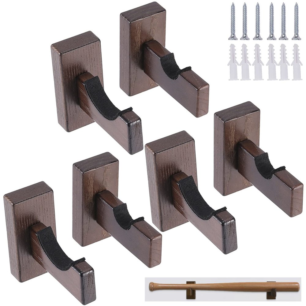HAKZEON 6 PCS Baseball Bat Display Case Holder, Solid Wood Rack Brackets Baseball Bat Hanger Wall Mount with 9 Protective Plugs and 9 Hidden Screws for Horizontal Display, Brown