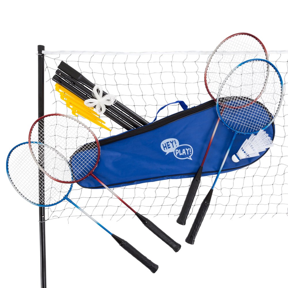Badminton Set - Backyard Games Include 4 Badminton Rackets, 3 Birdies, Regulation-Size Net with Pole Stakes and Carry Bag - Outdoor Sports by Hey Play