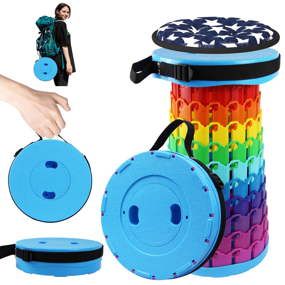 ALEVMOOM 2026 Collapsible Stool with Thick Cushion, H18.1 D10.24 More Sturdy Capacity 600Ib,Collapsible Adjustable Folding Stool for Camping Hiking Mountain Garden BBQ
