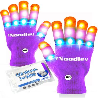 The Noodley Purple Small Toy Light Up Children LED Gloves Girls and Boys Funky Flashing Orange, Pink, and Blue - Kid Sized Ages 4,5,6,7 Year olds (Small, Light Purple)