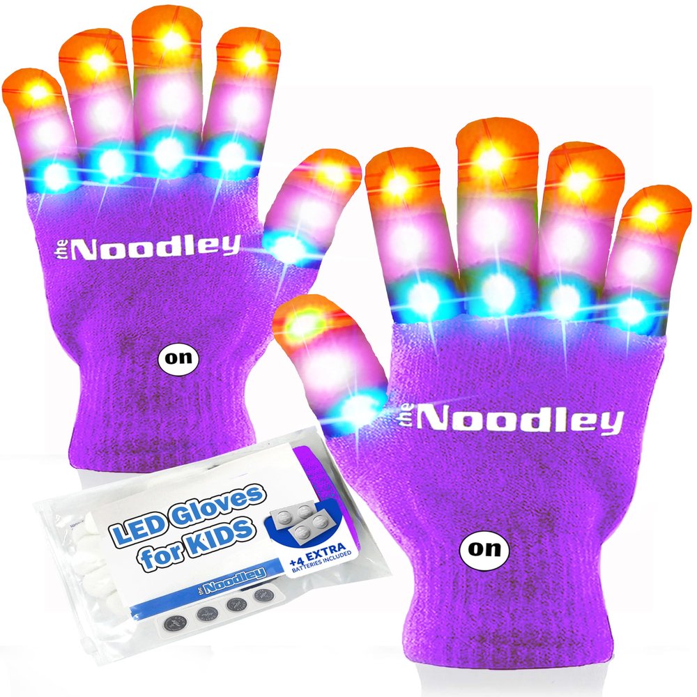 The Noodley Purple Small Toy Light Up Children LED Gloves Girls and Boys Funky Flashing Orange, Pink, and Blue - Kid Sized Ages 4,5,6,7 Year olds (Small, Light Purple)