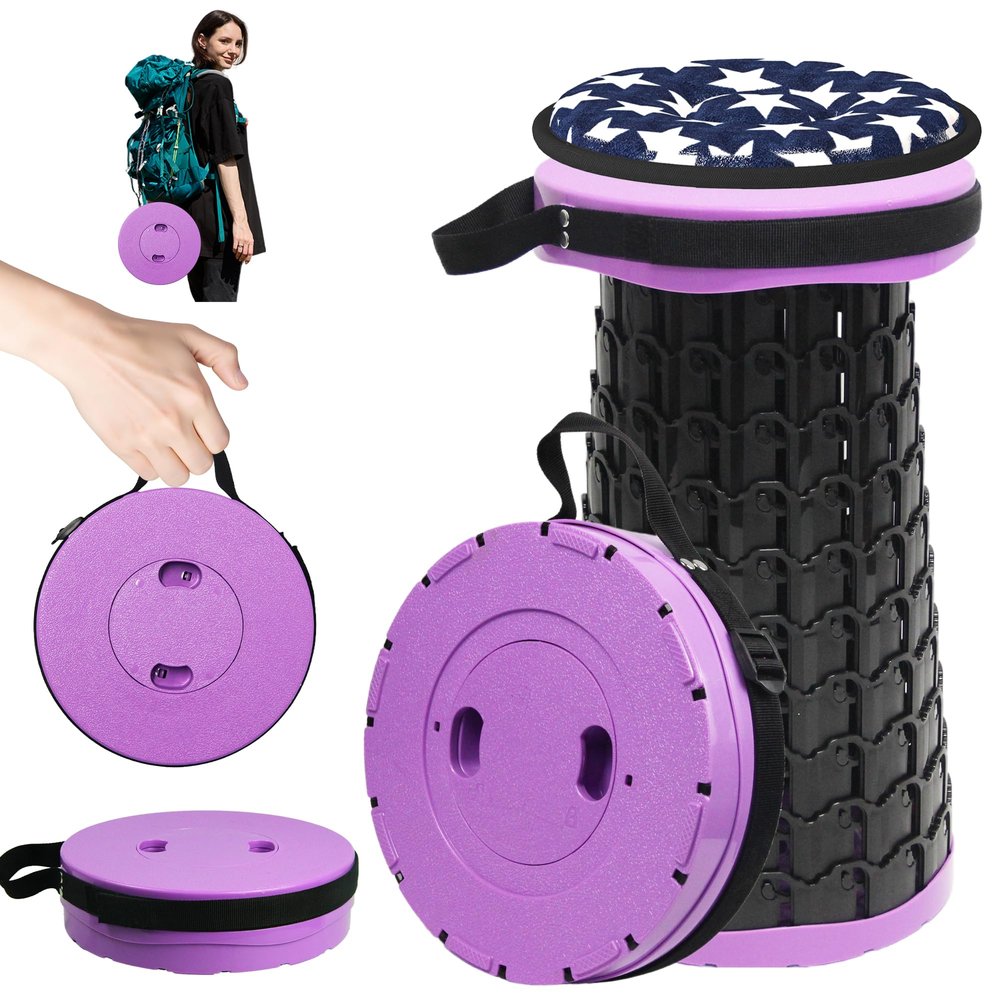 ALEVMOOM 2026 Collapsible Stool with Thick Cushion, H18.1 D10.24 Portable Telescoping More Sturdy Load Capacity 600Lbs, Retractable Adjustable Camping Folding Stool for Outdoor Hiking BBQ Climb