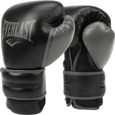 Everlast Powerlock 2 Boxing Gloves | Heavy Bag Gloves | SyntheticLeather | Men & Women | Training & Sparring Gloves | Ventilated Design | Multi-Layered Foam Padding | Black / Gray, 14 oz