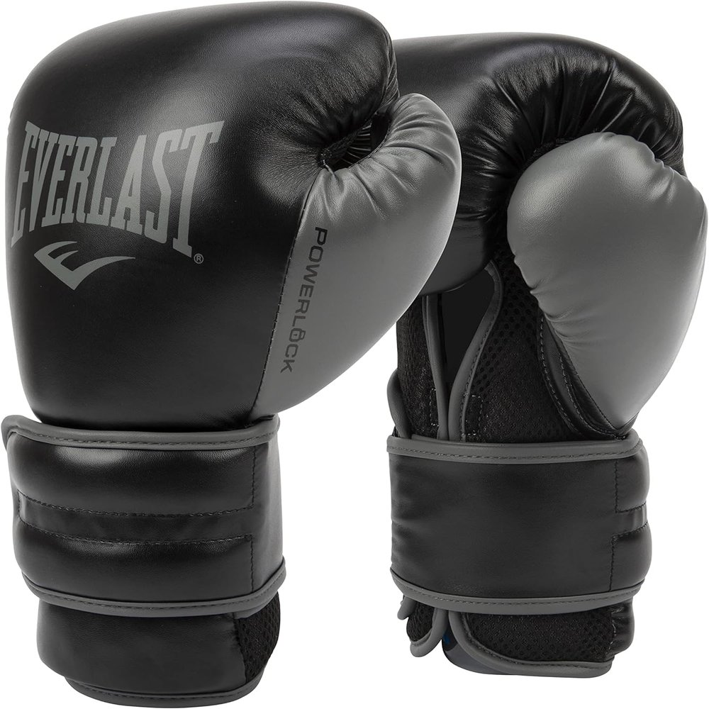 Everlast Powerlock 2 Boxing Gloves | Heavy Bag Gloves | SyntheticLeather | Men & Women | Training & Sparring Gloves | Ventilated Design | Multi-Layered Foam Padding | Black / Gray, 14 oz