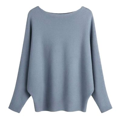 GABERLY Boat Neck Batwing Sleeves Dolman Knitted Sweaters and Pullovers Tops for Women (Denim Blue, One Size)