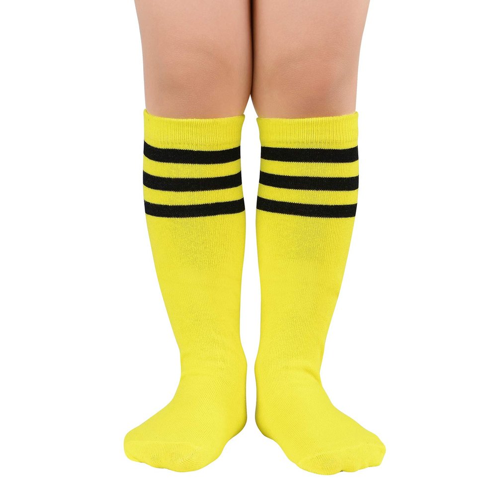 American Trends Kids Child Soccer Socks Stripes Knee High Tube Socks Cotton Uniform Sports Socks for Toddler Girls 1 Pack Yellow Black 3-6 Years