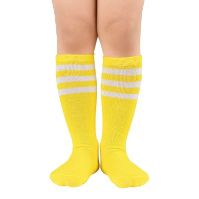 American Trends Kids Child Soccer Socks Stripes Knee High Tube Socks Cotton Uniform Sports Socks for Toddler Girls 1 Pack Yellow White 3-6 Years