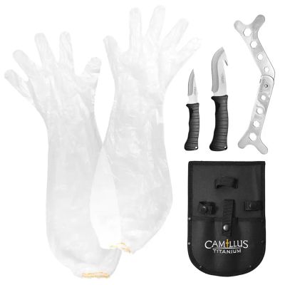 Camillus 5 Piece Essential Hunting Kit - Elbow-Length Cleaning Gloves, Rib Spreaders, Durable Corrosion-Resistant Full-Tang Gut Hook & Caping Blades, Black Nylon Sheath