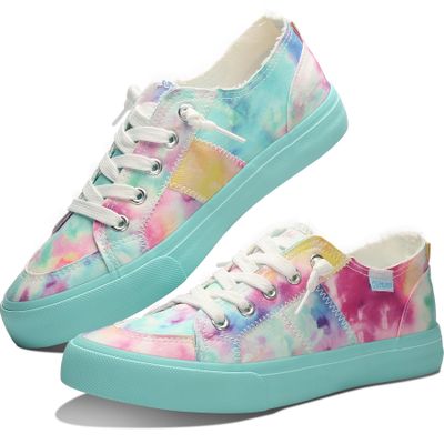 Obtaom Women Rainbow Canvas Fashion Sneakers Comfortable Orange Multi Walking Shoes Tie Dye Green Canvas Slip ons(Green US5)