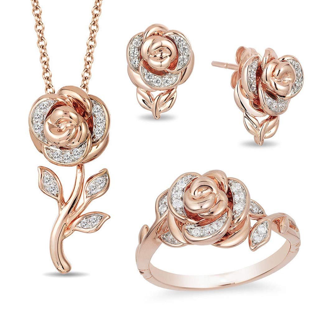 18k Rose Gold 3 Piece Ring Set Cubic Zirconia Bride Promise Rings Set CZ Eternity Engagement Wedding Band Ring Sets Necklace/Earrings/Rings Rose Jewelry Set for Women TZ.87 (Ring Size: US Code 7)