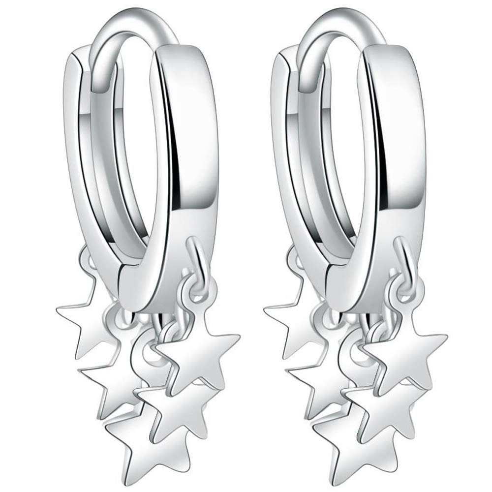 925 Sterling Silver Hoop Earrings for Women | Small Zircon Inlay Hoops Stud Earring Fashion Jewelry Gift (star hanging)