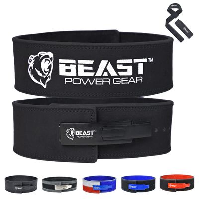 Beastpowergear Weight Lifting Belt with Lever Buckle|10MM Thick & 4 Inches Wide|Free Strap- Advanced Back Support for Weightlifting, Powerlifting, Deadlifts, Squats - Men & Women (Black/Black, 4XL)