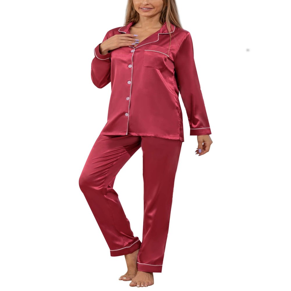 YIMANIE Womens Pajamas Silk Satin Pajama Sets for Women Soft Button Down Womens Loungewear Set with Pockets