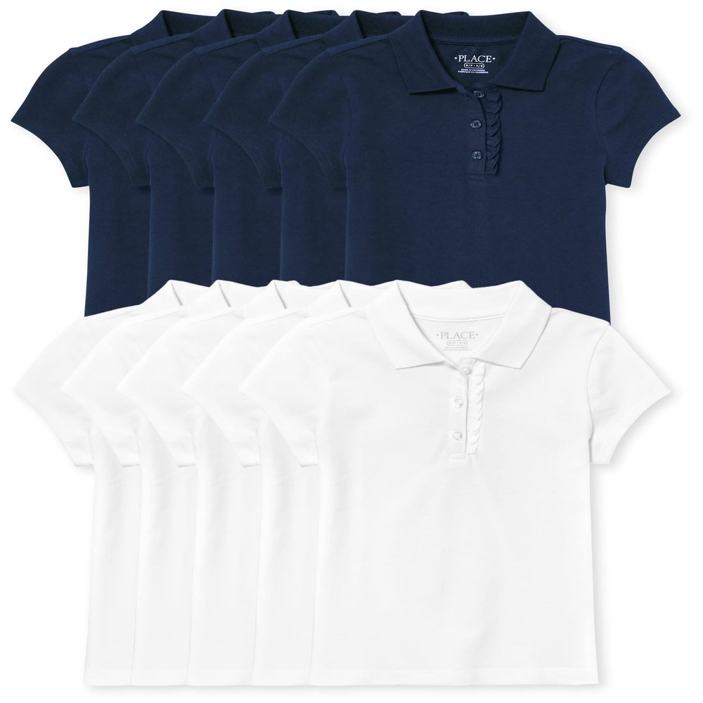 The Children's Place Girls Short Sleeve Ruffle Pique Polo,Tidal/White 4 Pack,S (5/6)