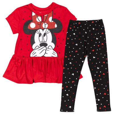 Disney Minnie Mouse Valentines Day Toddler Girls Peplum T-Shirt and Leggings Outfit Set Red/Black 5T