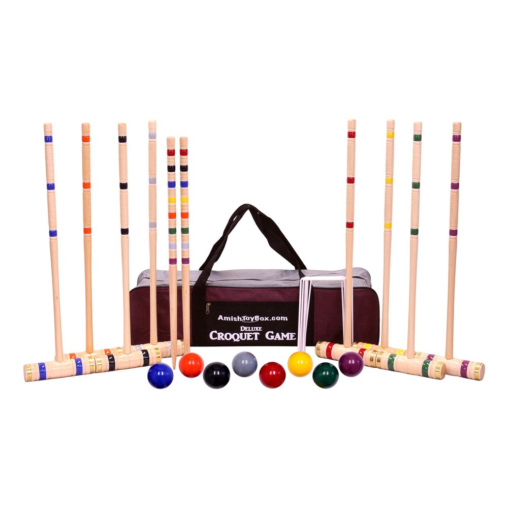 AmishToyBox.com Deluxe 8-Player Croquet Game Set with Duffel Carry Bag (Eight 28" Handles)