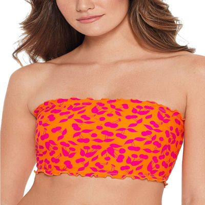 Salt + Cove Juniors' Tangerine Cherry On Top Printed Smocked Bikini Swim Top (Tangerine, Large)