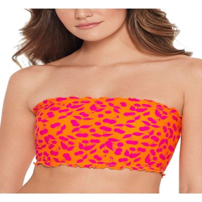 Salt + Cove Juniors' Tangerine Cherry On Top Printed Smocked Bikini Swim Top (Tangerine, Medium)