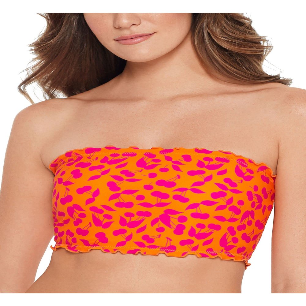 Salt + Cove Juniors' Tangerine Cherry On Top Printed Smocked Bikini Swim Top (Tangerine, Medium)