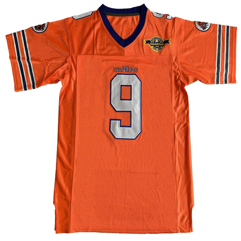 The Waterboy #9 Bobby Boucher Adam Sandler 50th Anniversary Movie Mud Dogs Bourbon Bowl Football Jersey (Orange,Large)
