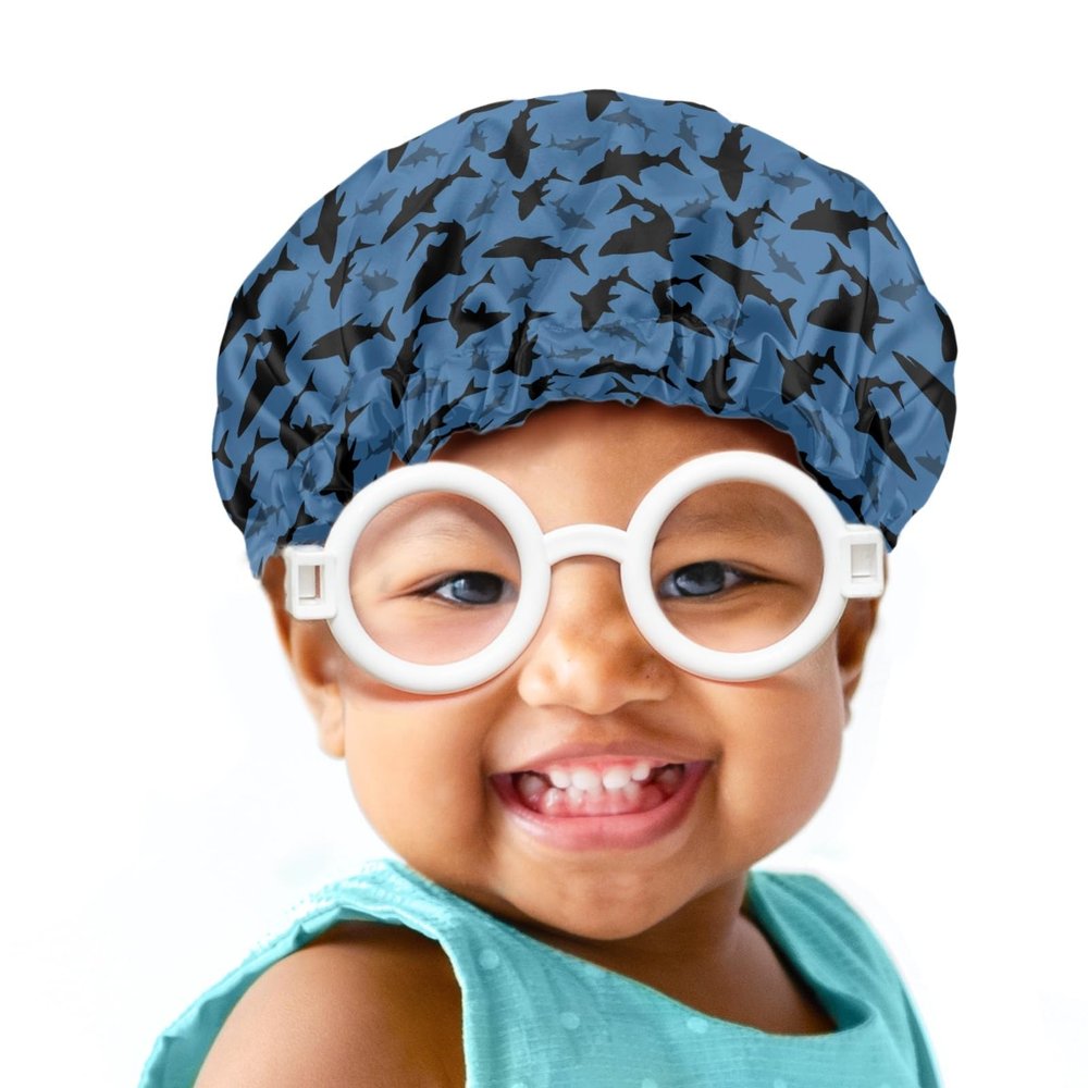 Babrukda Kids Satin Lined Sleep Cap, Frizzy Curly Long Hair Beanie Adjustable Bonnet Slouchy Night Cap Protection Care Hat Cool Shark Print Headwear for Boys Toddler Children Baby