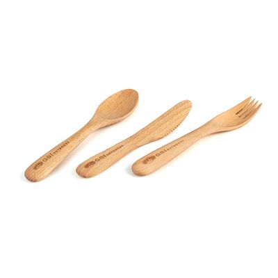 GSI Outdoors 46103 Rakau 3PC Wooden Cutlery Set - FSC-Certified Beech Wood Fork, Spoon & Knife with rPET Travel Bag, Environmentally Conscious & Reusable